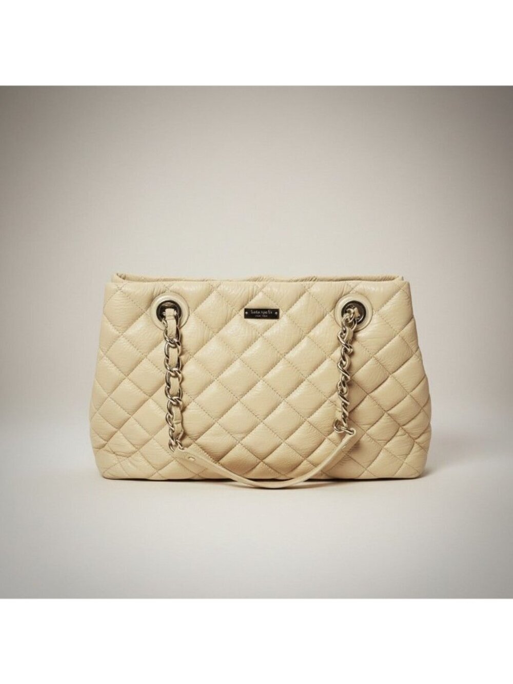 Kate Spade Georgina Quilted Leather W/Chain Link Strap Tote Bag Beige\Gold